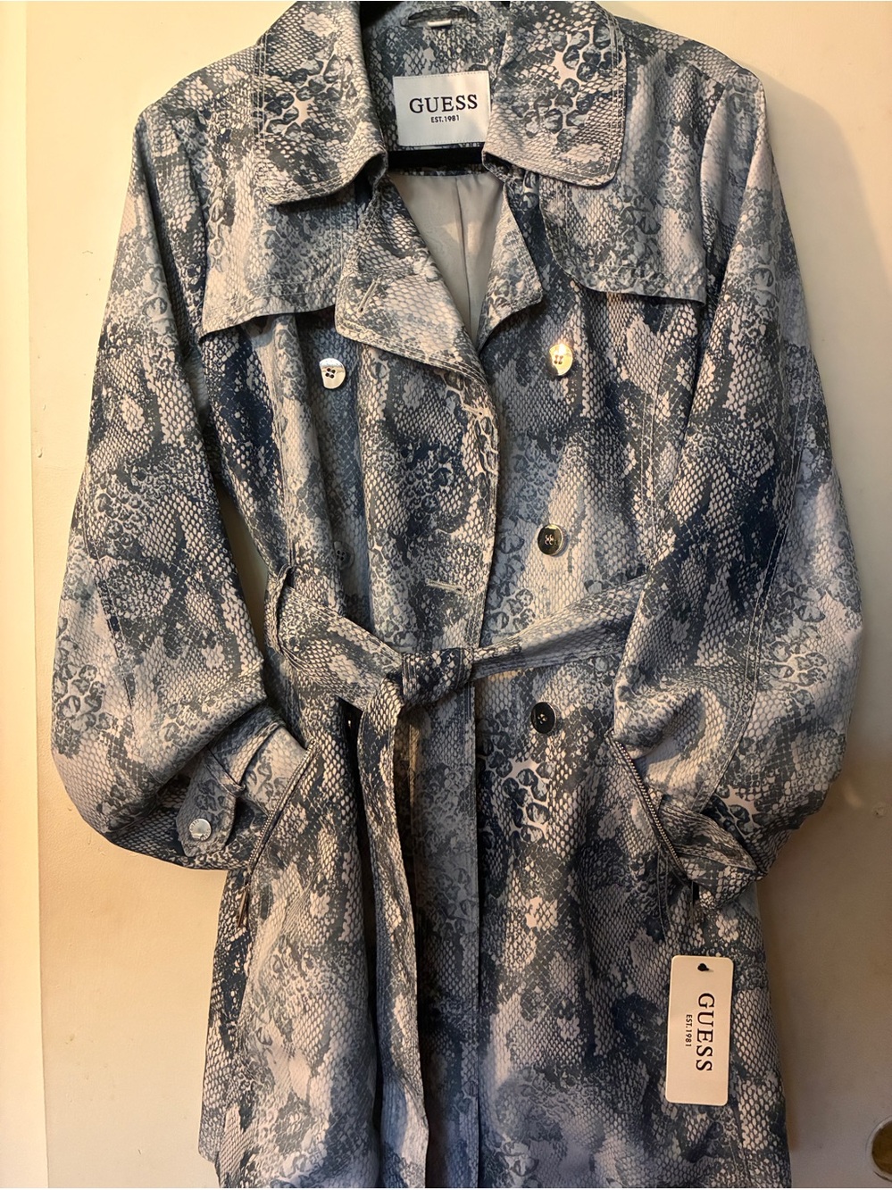GUESS Snake-Print Trench Coat in Gray and White